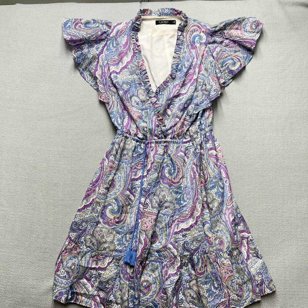 Ralph Lauren Paisley Dress Womens 12 Boho Ruffle Flutter Sleeve Tie Waist Lined